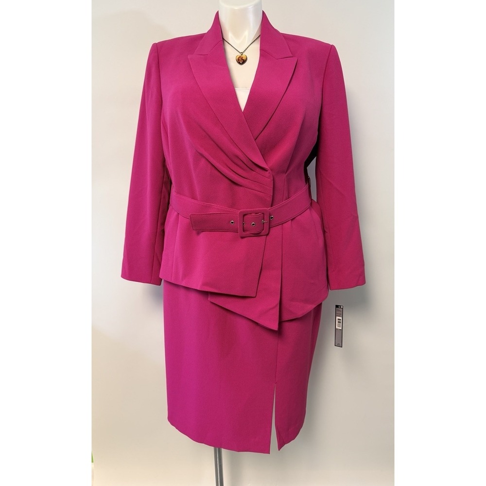 NEW $349 Tahari ASL Skirt Suit Womens Sz 18W 2 Pc Set Pink Belted Blazer Midi - Picture 2 of 16